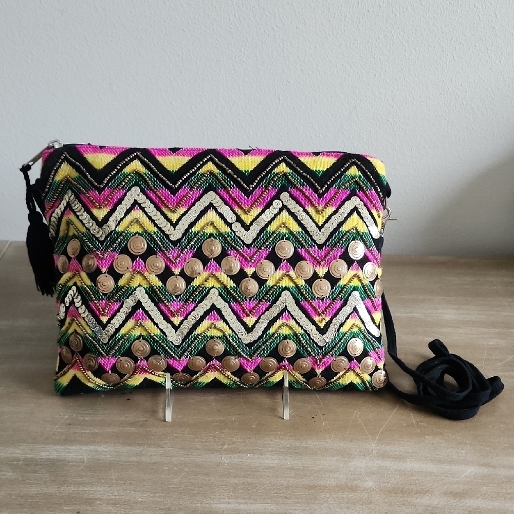 Bohemian Colorful Zigzag Embroidered Crossbody Clutch with Tassel